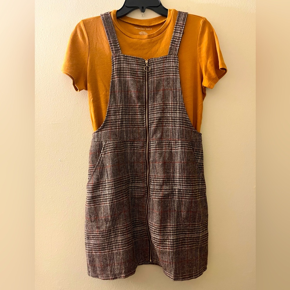 Bundle of Brown Plaid Jumper Dress and Mustard Tee